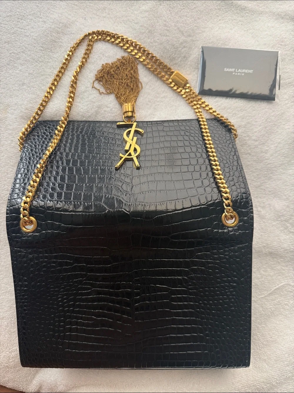 Saint Laurent Black Croc-Embossed Shoulder Bag with Gold Chain and YSL Tassel
